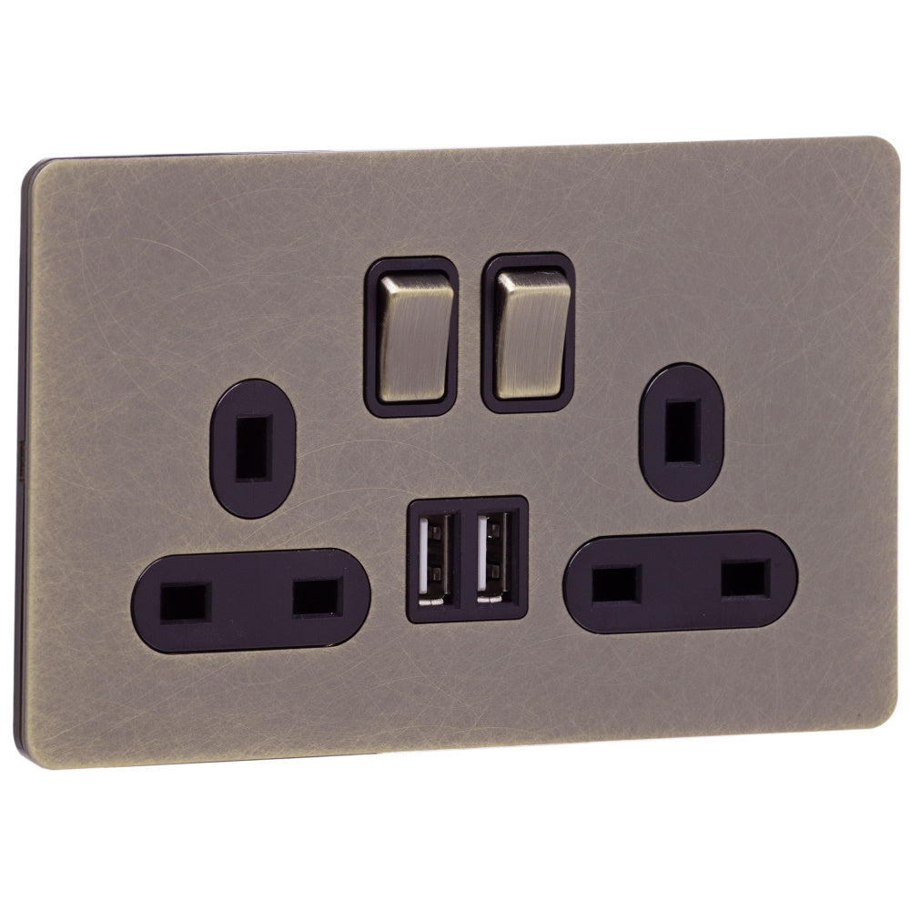 Screwless Antique Brass Socket - 2 Gang with Dual USB Charging Ports - The Georgian