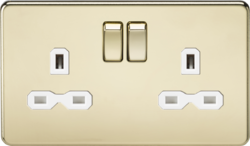 Knightsbridge 13A 2G DP Switched Socket with Twin Earths - Polished Brass with White Insert