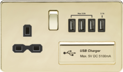 13A Switched Socket with Quad USB-A (5V DC 5.1A shared) - Polished Brass with Black Insert
