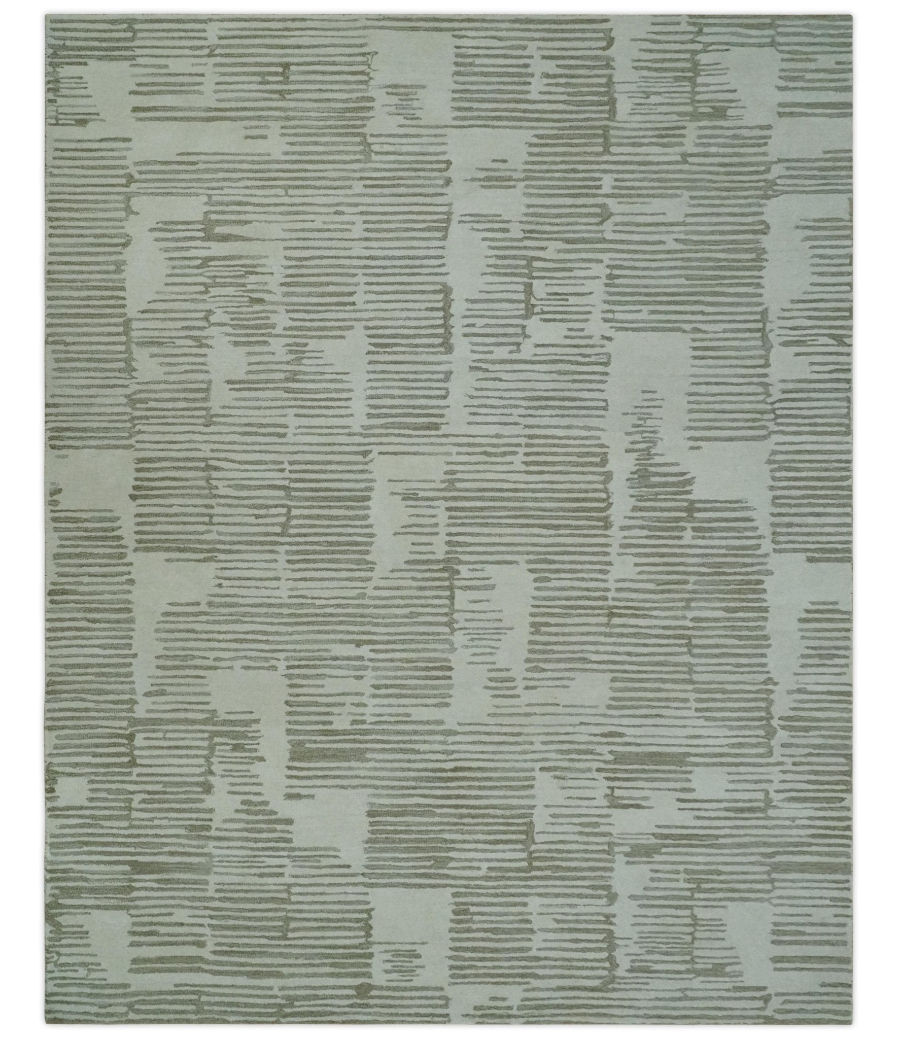 The Rug Decor Custom Made Ivory and Olive Modern Stripes Design Hand Tufted wool Area Rug, Kids, Living...