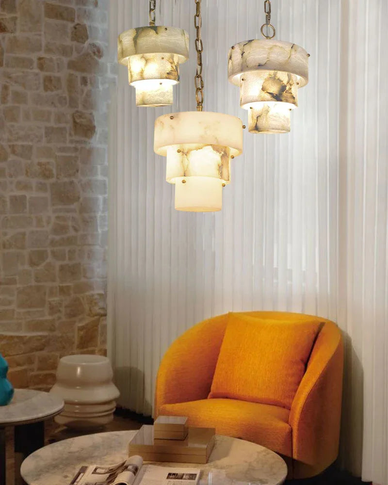 LightsStory 3 Tier White Round Alabaster Chain Pendant Light Fitting in Brass 10in