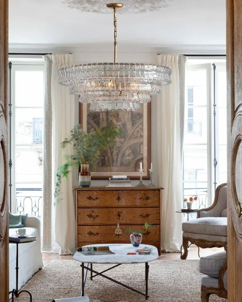 LightsStory Ghiaccio Aluminum Chain E14 Tiered Round Chandelier D48" Glass Transparent /Smoke