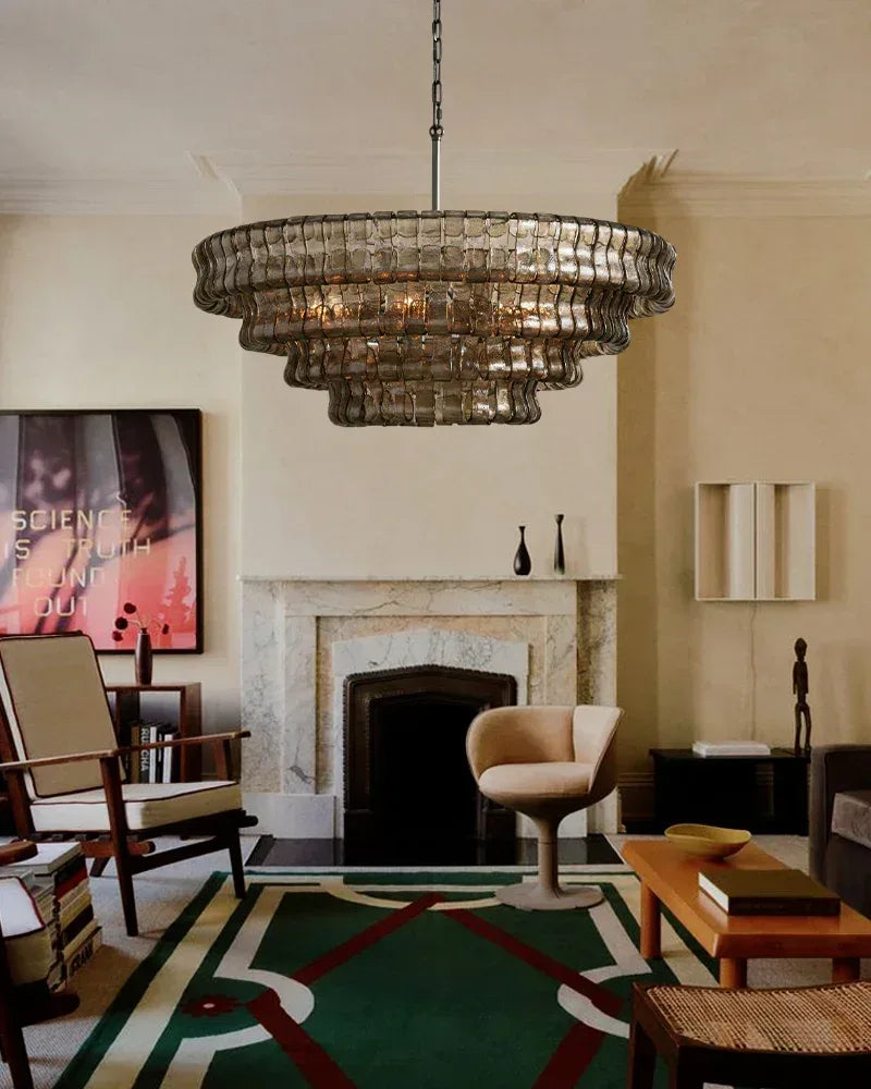 Ghiaccio 4-Tiered Glass Round Chandelier 36" in Brass/Black Aluminum Chain