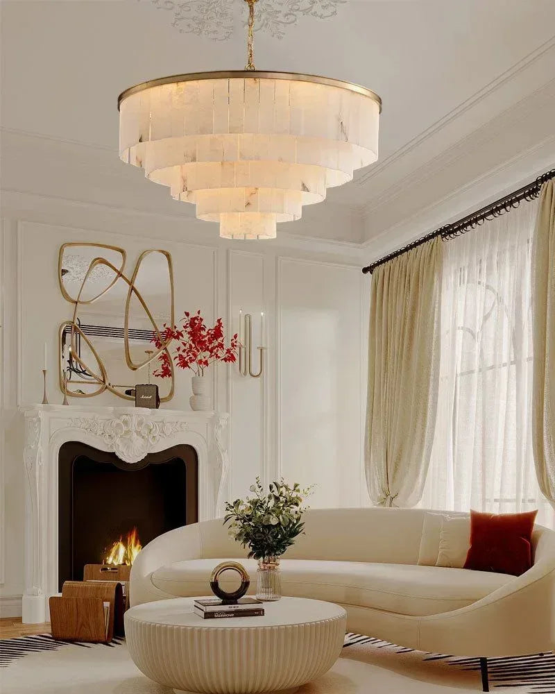 Modern White Alabaster Shade Multi-Layer Round Chandelier Lighting | Brass/Black Frame