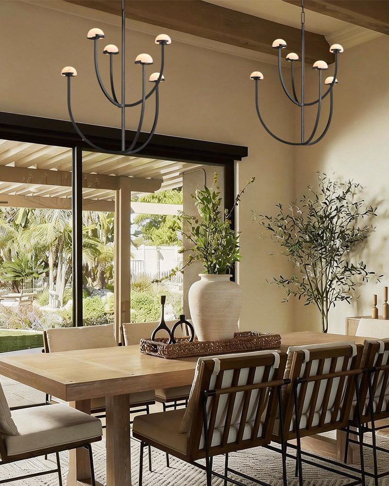 Modern Elegance Pedra Three-Tier Chandelier Aged Brass/Black Metal with Alabaster Domes
