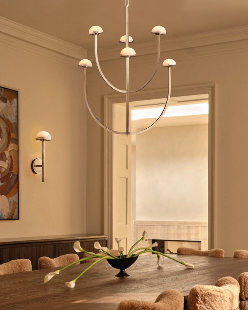 Pedra Two-Tier Chandelier in Antique Burnished Brass/Black Metal with Alabaster Shade