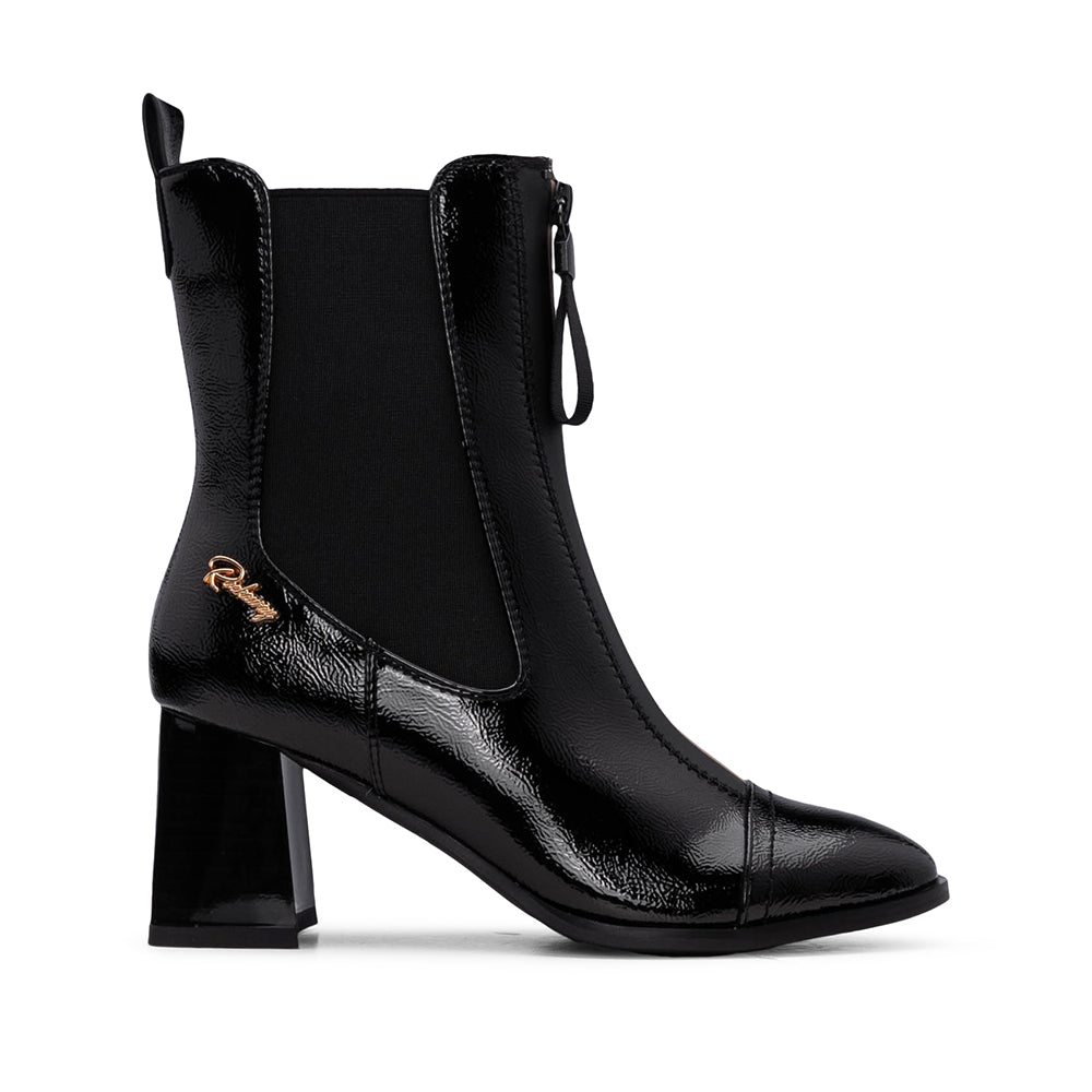 Women's Black Patent Leather Mid-Heel Ankle Boots