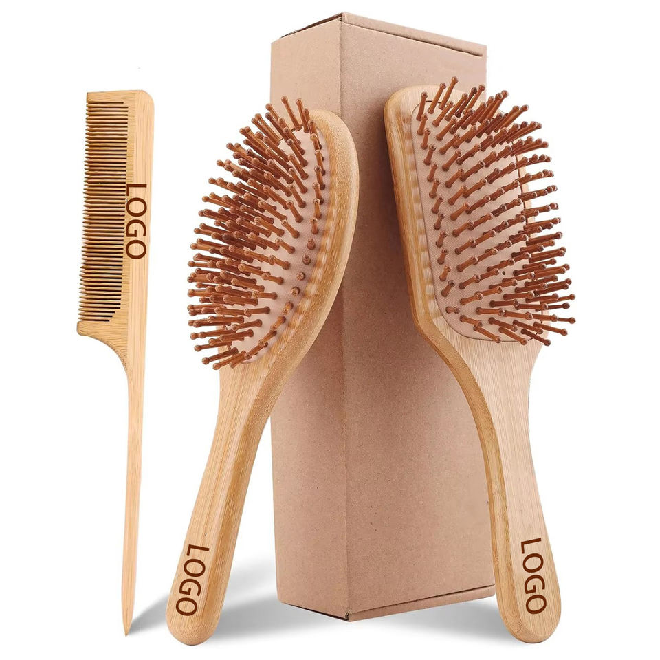Yiwu Xinyao Trading Co., Ltd. Custom Logo Bamboo Hair Brush Set Natural Wooden Bamboo Bristles Paddle Detangling...
