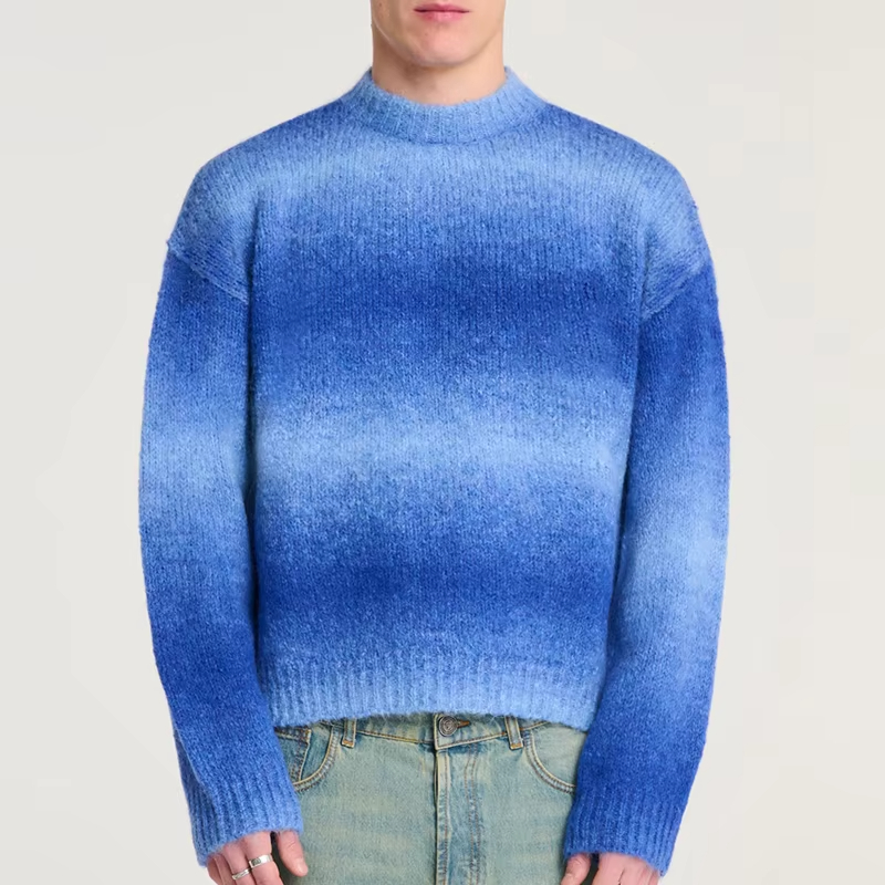Sichuan Sustainable Garments Co., LTD Custom LOGO Mohair Sweater Men Long Sleeve Crew Neck Pullover Stripe Knitwear Winter...