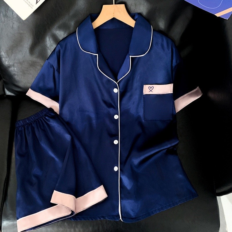 Women’s Pajama Sets Ice Silk Short Sleeve And Shorts Solid Color Sweet Temperament Home Clothing Set