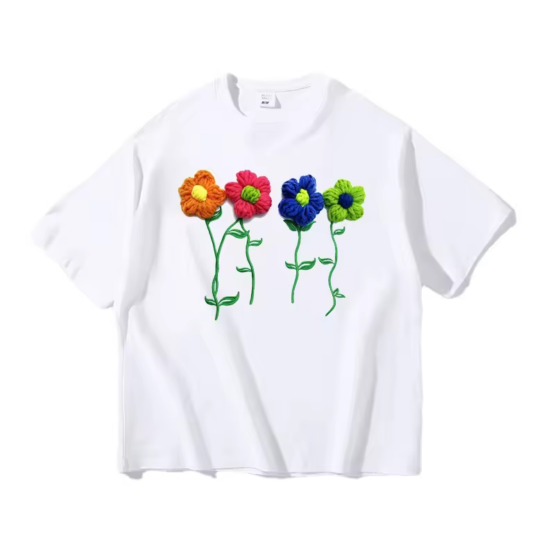 210g 100% Cotton Hand-embroidered Flower Five-point Sleeve Couple Men and Women T-shirt