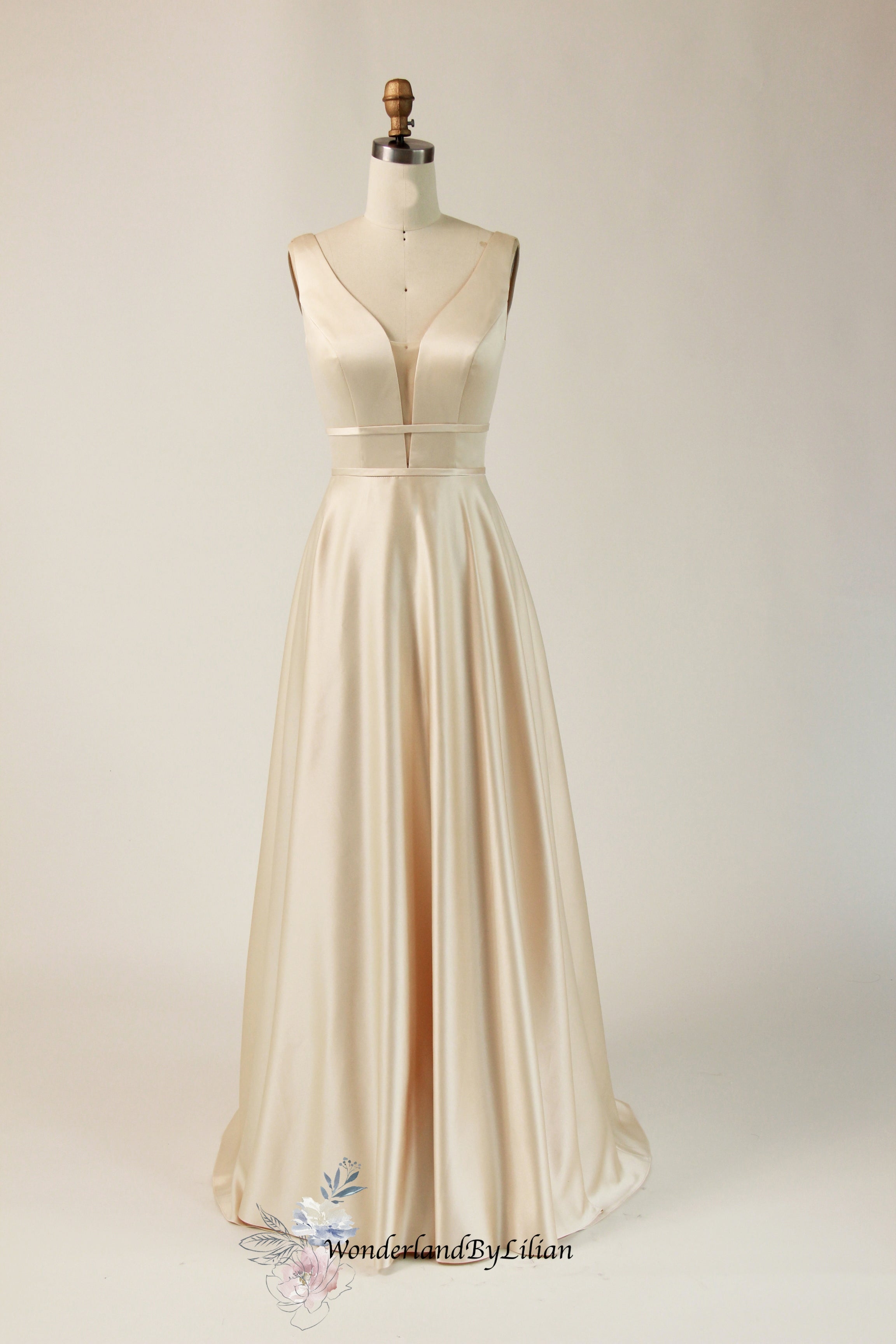 WonderlandByLilian Champagne Satin A-Line Bridesmaid Dresses with Double-Banded Waistline - Champagne...