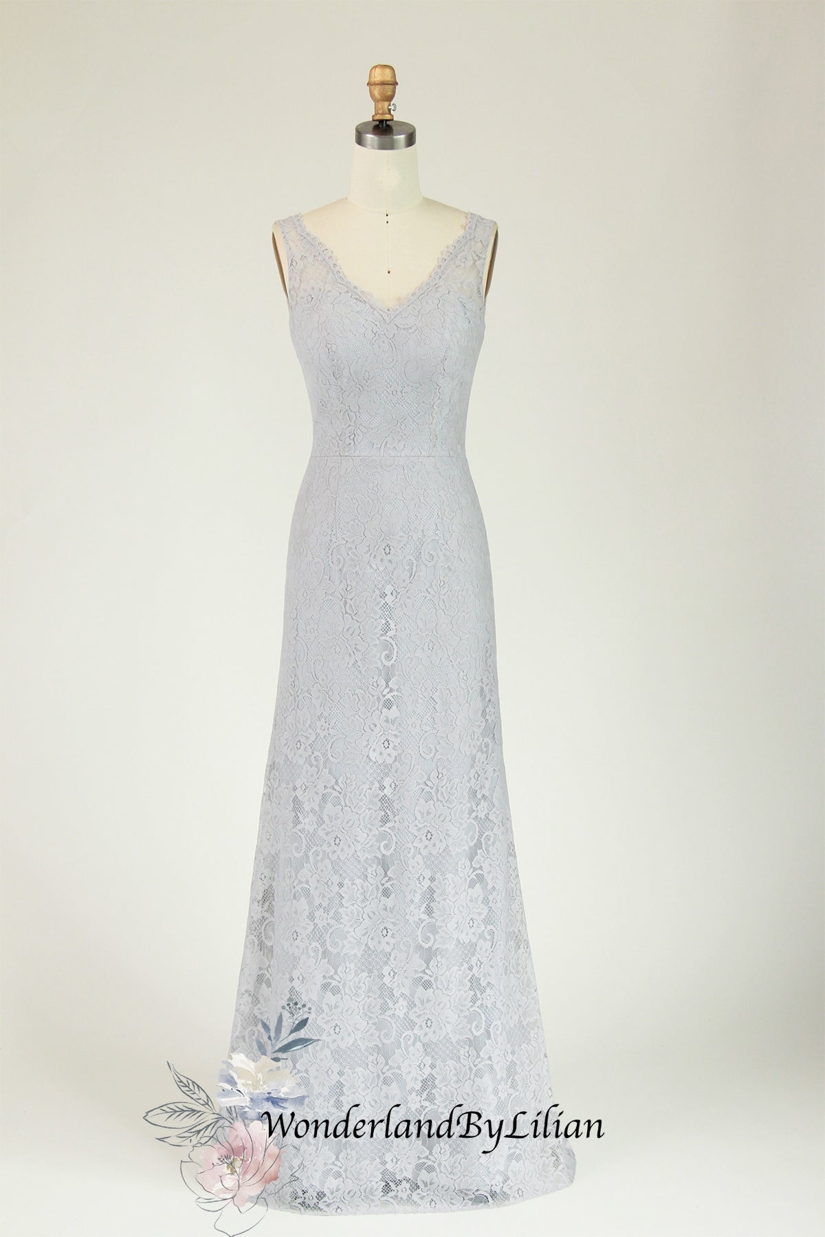 WonderlandByLilian Grey Blue Lace Fit-And-Flare Bridesmaid Dress With V-Neckline - Bridesmaid Prom Dresses...