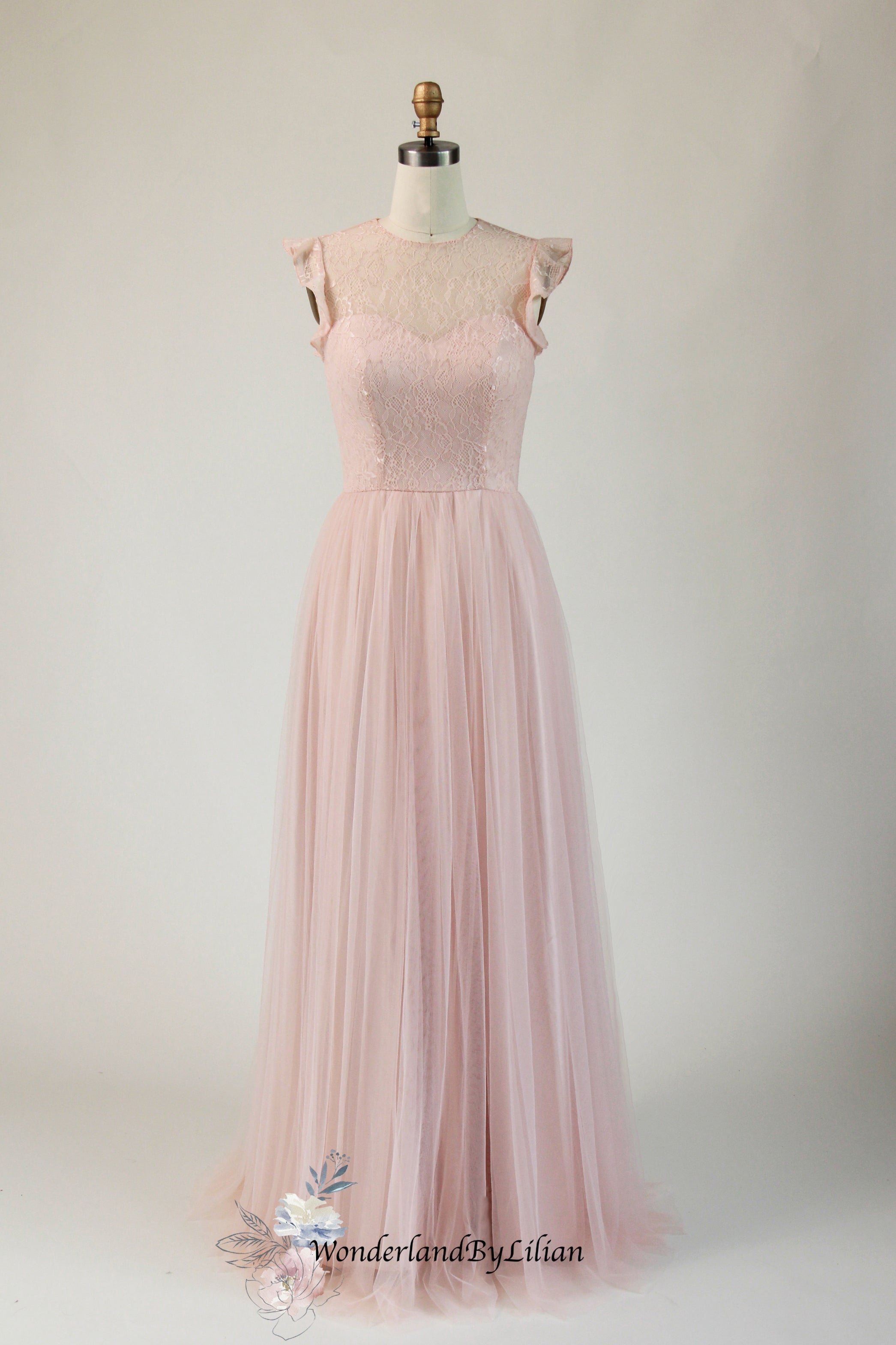 WonderlandByLilian Pearl Pink Lace Tulle Bridesmaid Dress with Jewel Neckline - Pink Bridesmaid Dresses with...