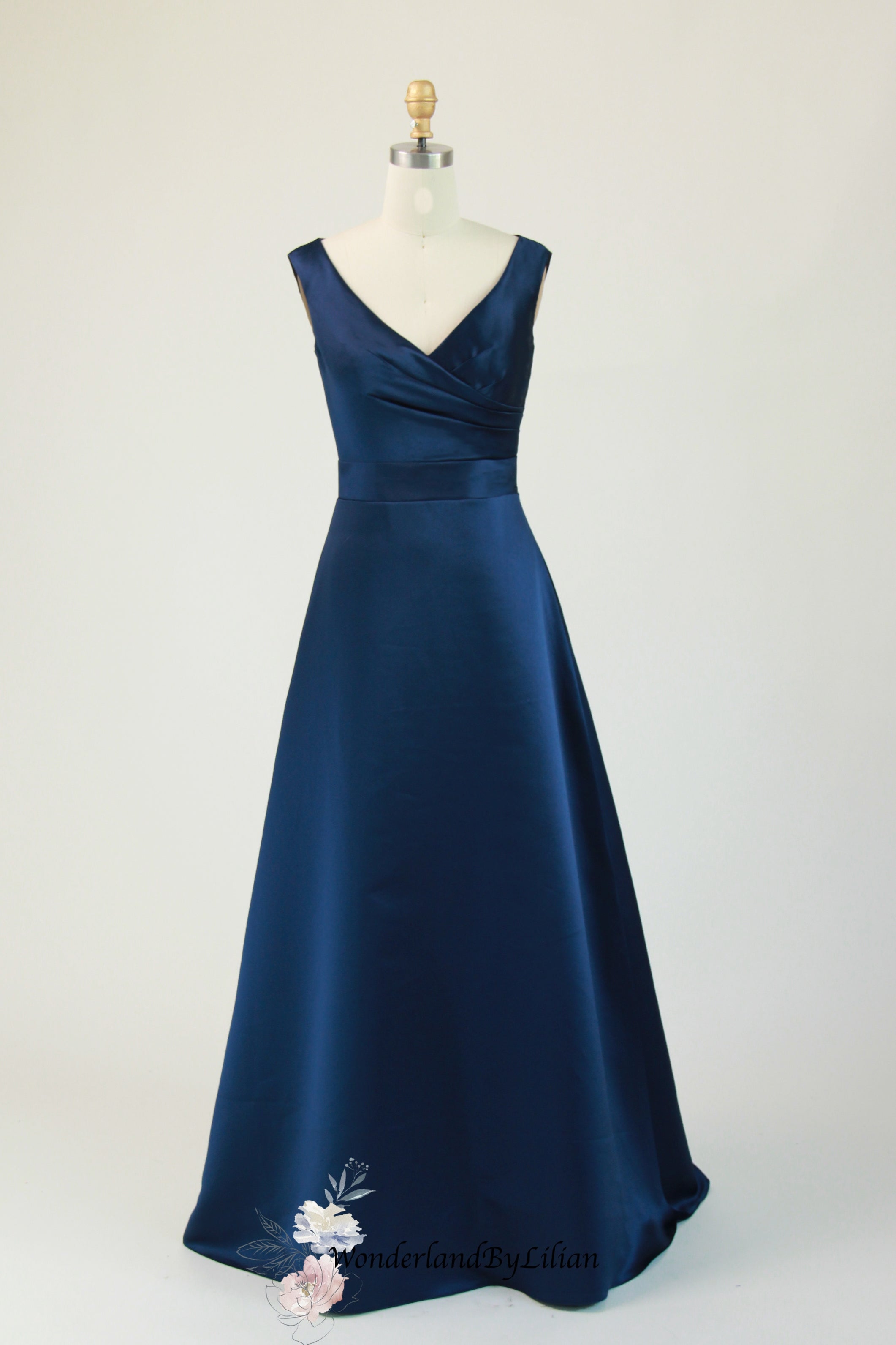 Dark Navy Satin Bridesmaid Dress with Sleeveless - Navy Blue Bridesmaid Dresses with V-Neck - Multiple Color - Plus Size