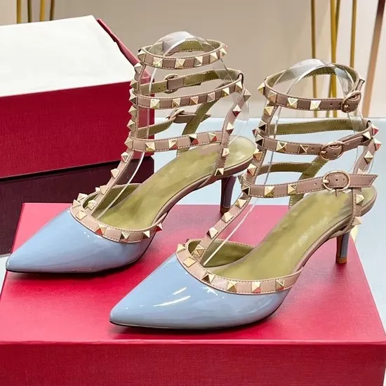 Women Sexy Ankle Straps Sandals Copy High Heel Pointed Toe Studded Stiletto Shoes
