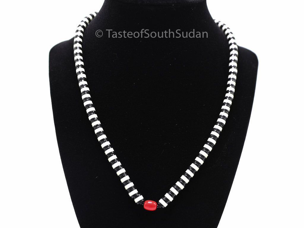 Taste of South Sudan African Majok Single Beaded Black & White with Red Center Bead Necklace