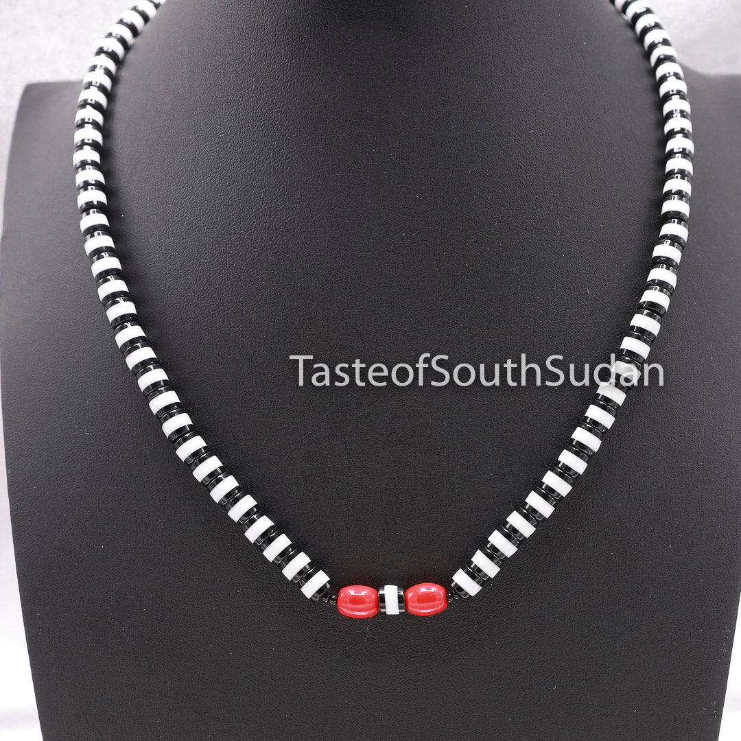 Taste of South Sudan African Majok Single Beaded Black & White with 2 Red Center Beads Necklace