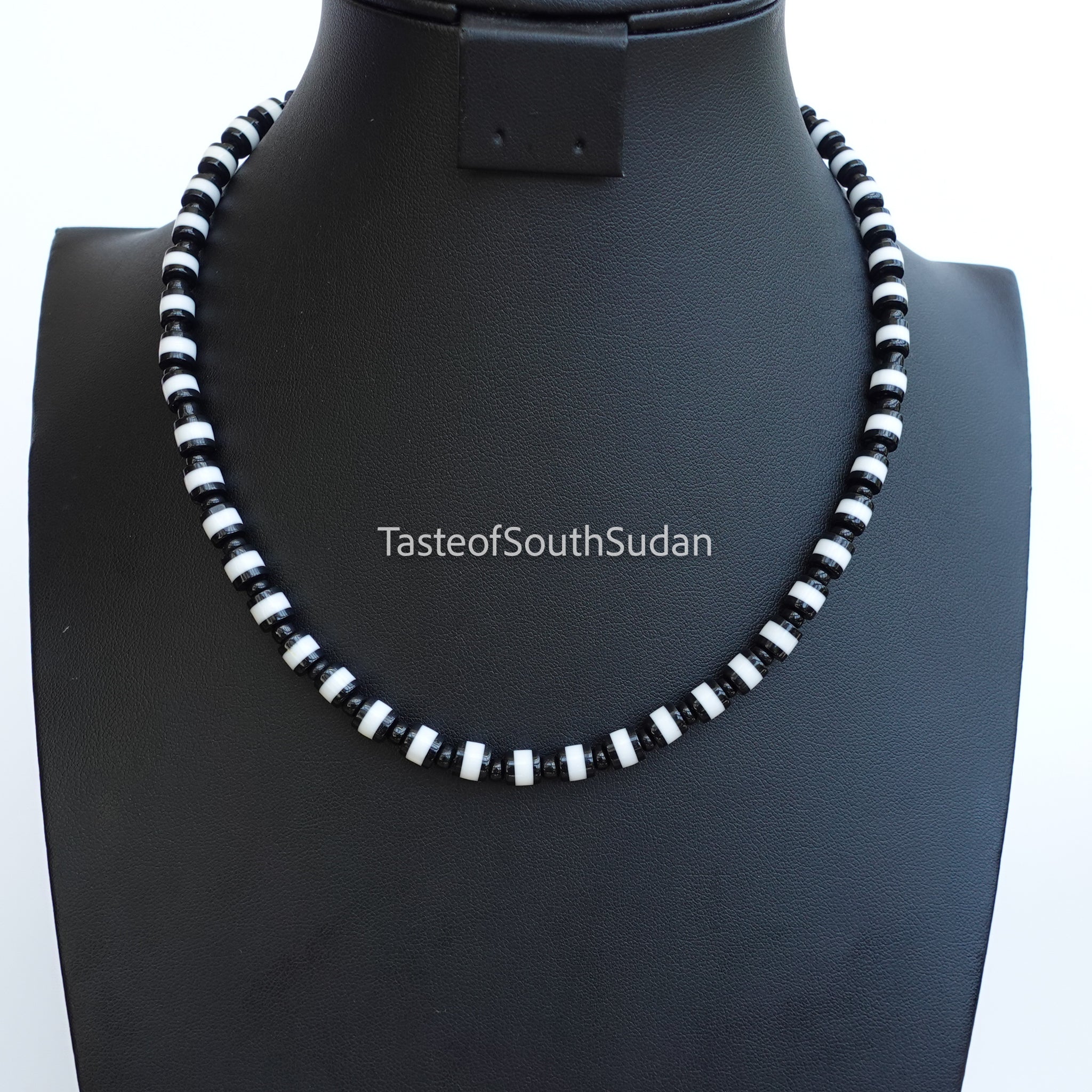 Taste of South Sudan African Majok Beaded Black & White Necklace 16-18"