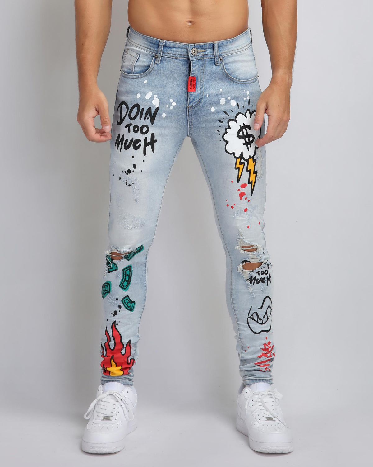 LOGEQI Anime Skinny-fit Light Wash Blue Ripped Jeans with Splatters Mexico Local Delivery