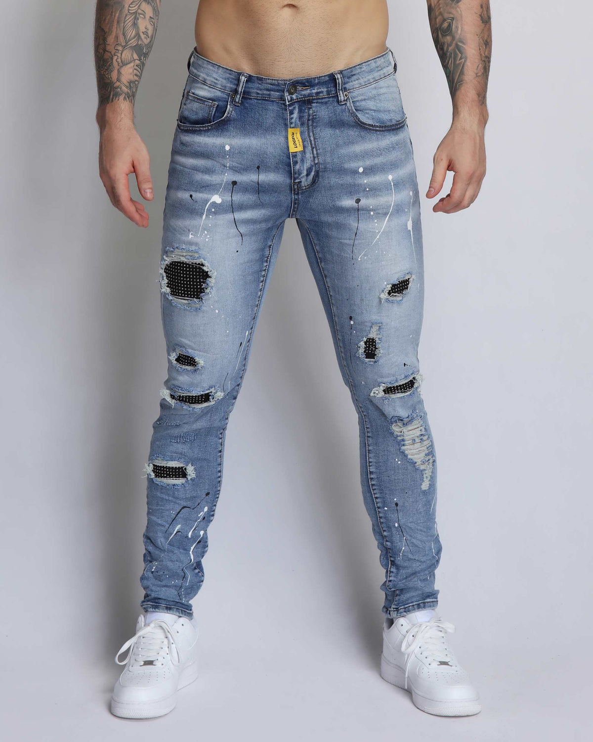 LOGEQI Durable Ripped Blue Jeans with Dimond Patch-Mexico Local Delivery