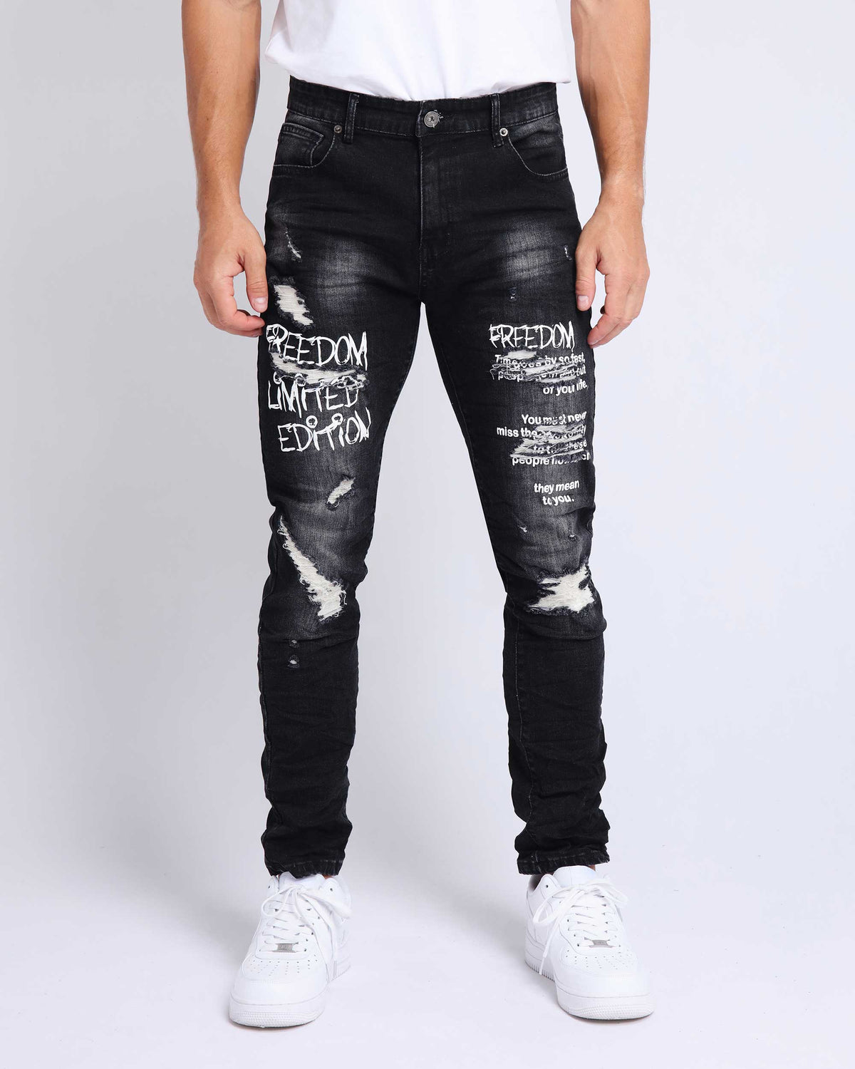 LOGEQI Gothic Graffiti Slim Fit Ripped Black Jeans-Mexico Local Delivery
