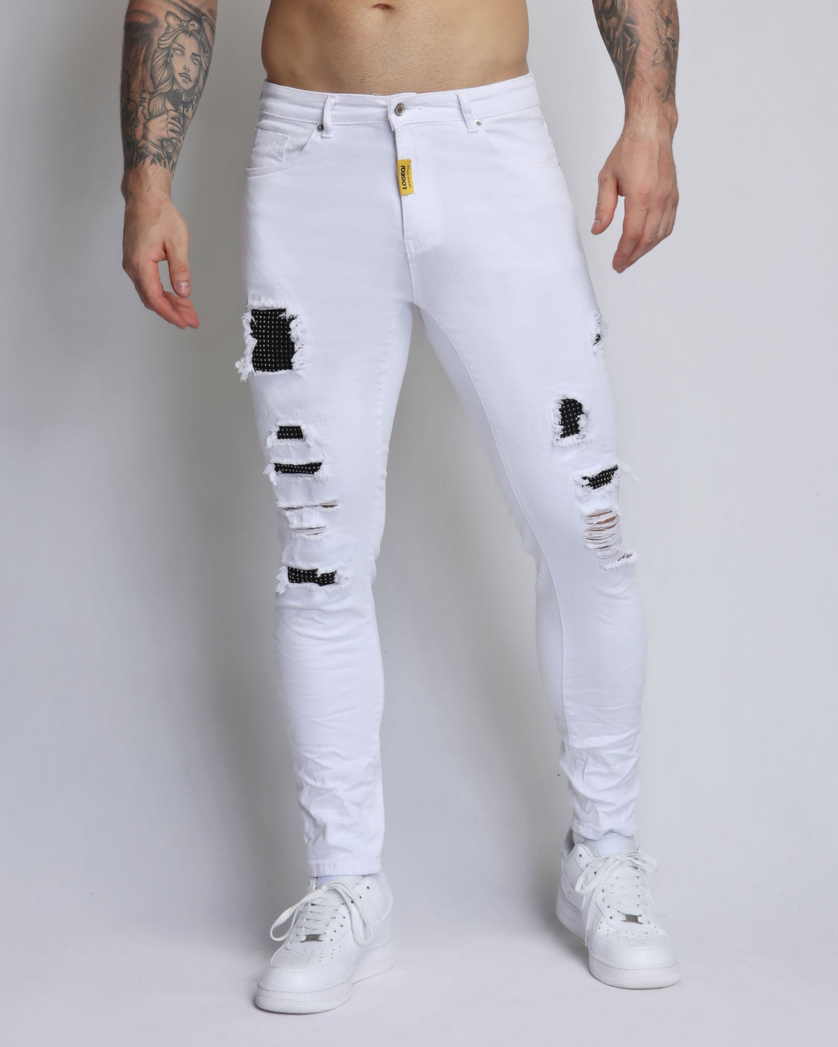 LOGEQI White Ripped Jeans with Diamond Patch-Mexico Local Delivery