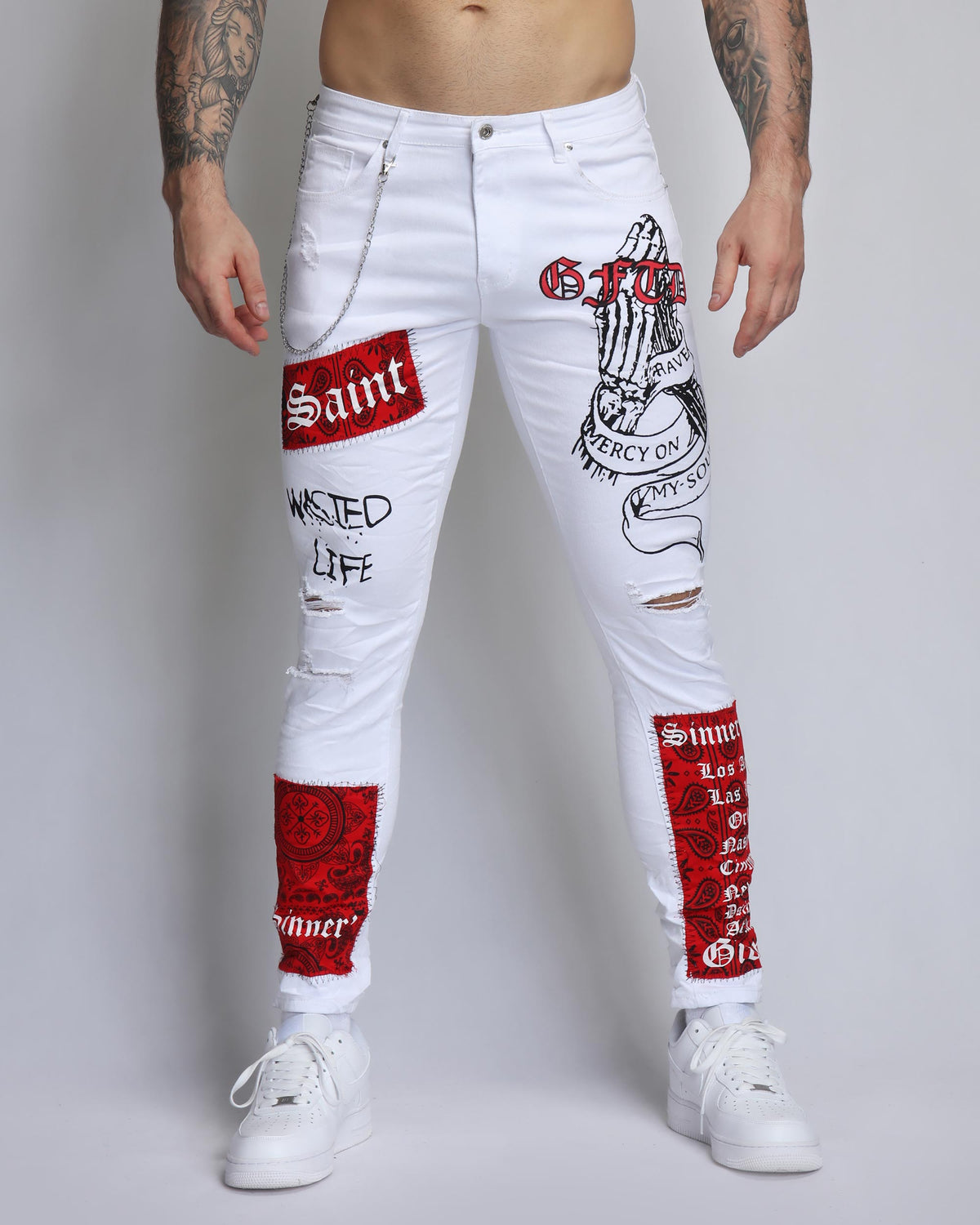 LOGEQI Graffiti Ripped White Jeans with Cashew Flower Elements-Mexico Local Delivery