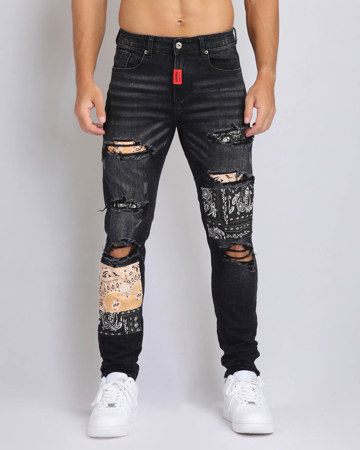 LOGEQI Ripped Black Jeans with Orange & Black Cashew Flowers Patch-Mexico Local Delivery