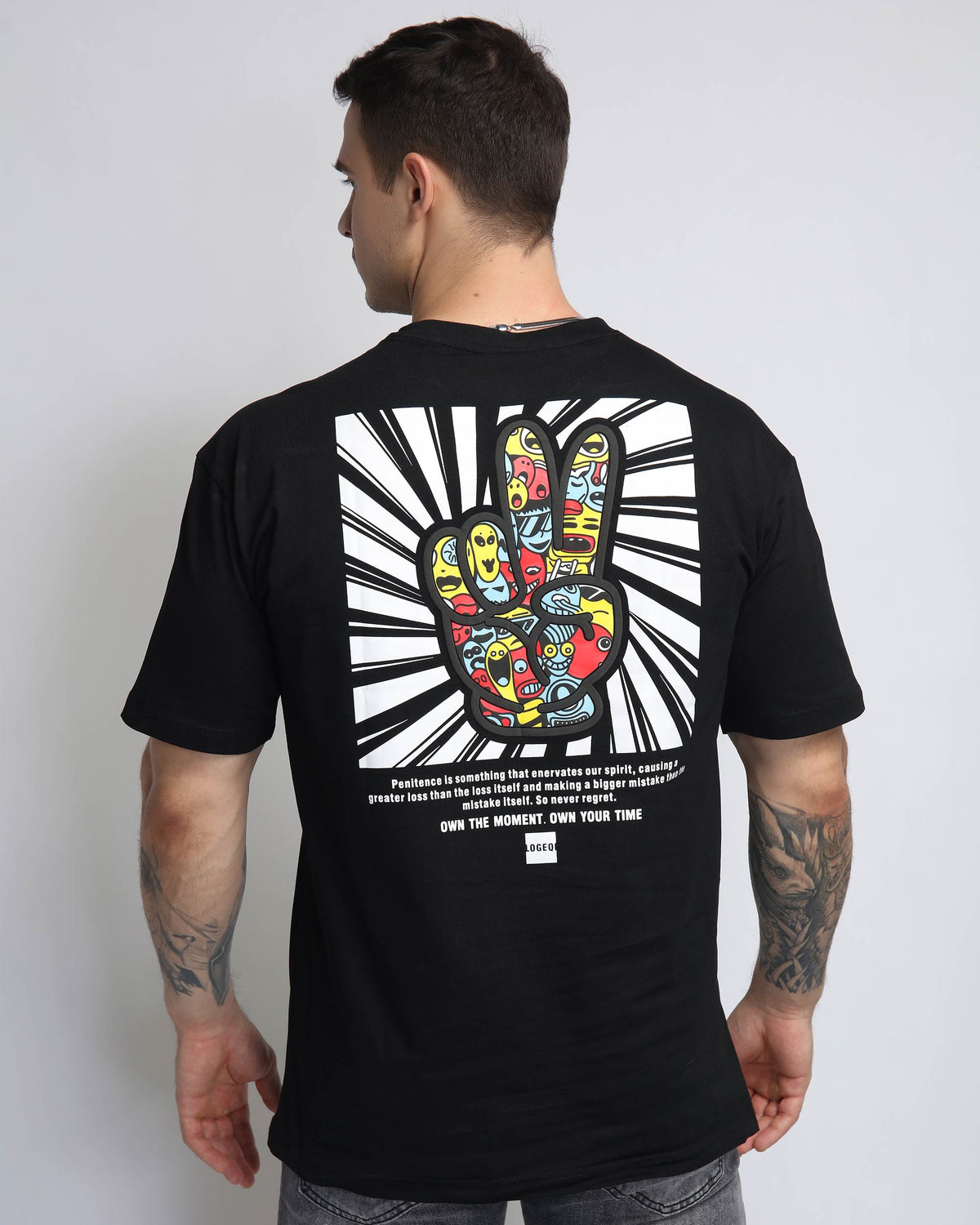 100% Cotton T-Shirt with Hand Sign Graphic and Radiating Background