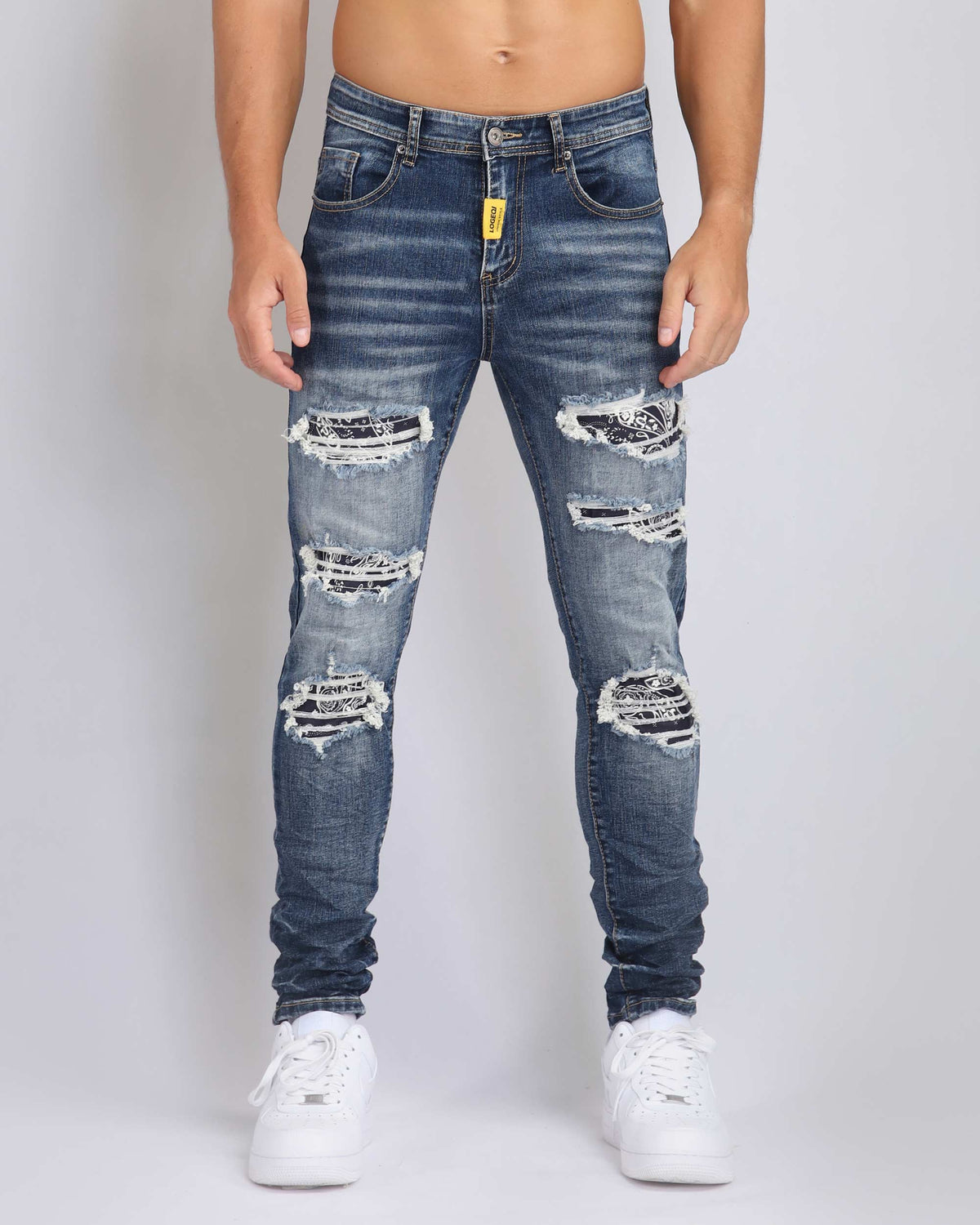 Medium Wash Ripped Blue Jeans with Cashew Flower Patch-Mexico Local Delivery