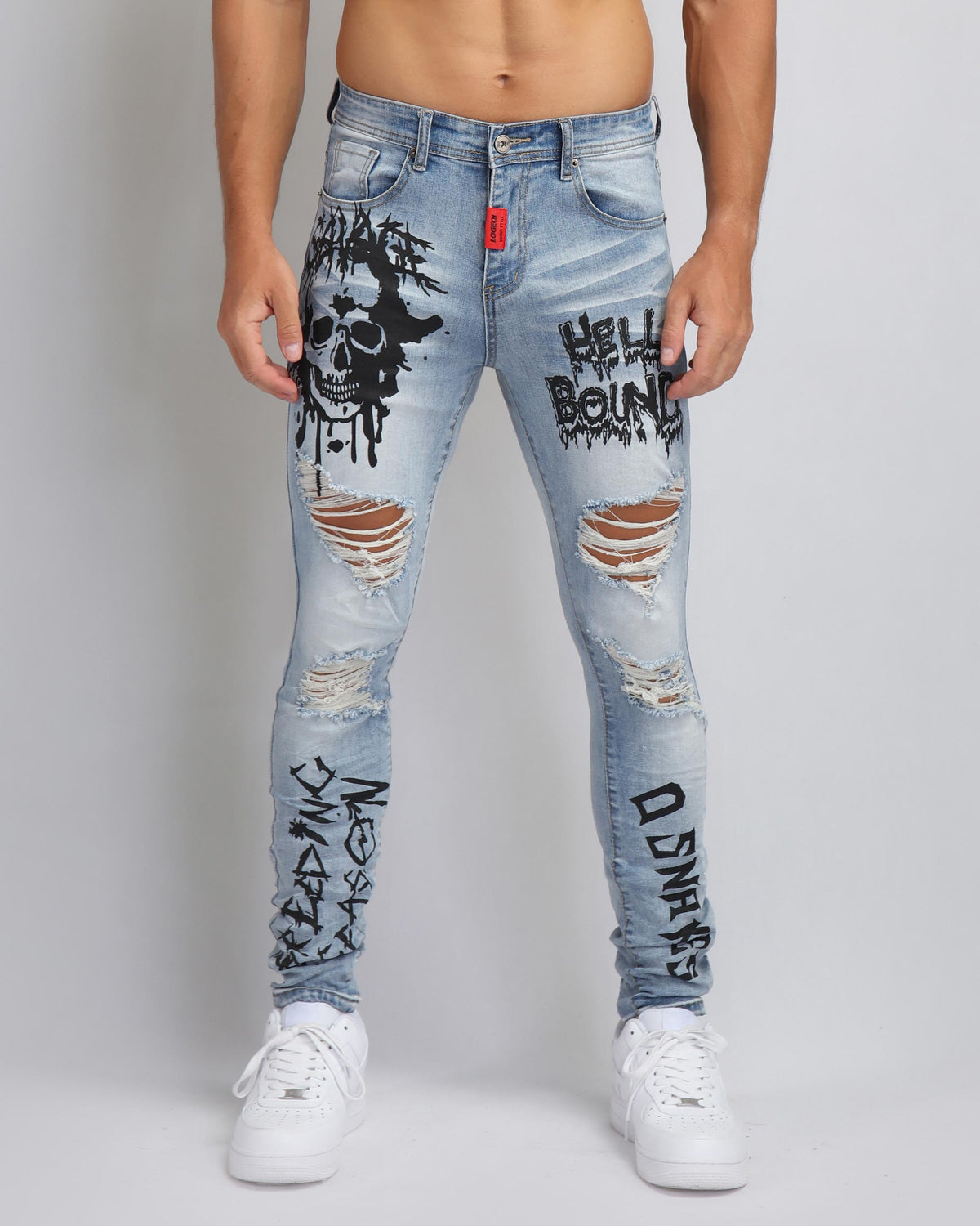 Large Ripped Blue Jeans with Skull Design-Mexico Local Delivery