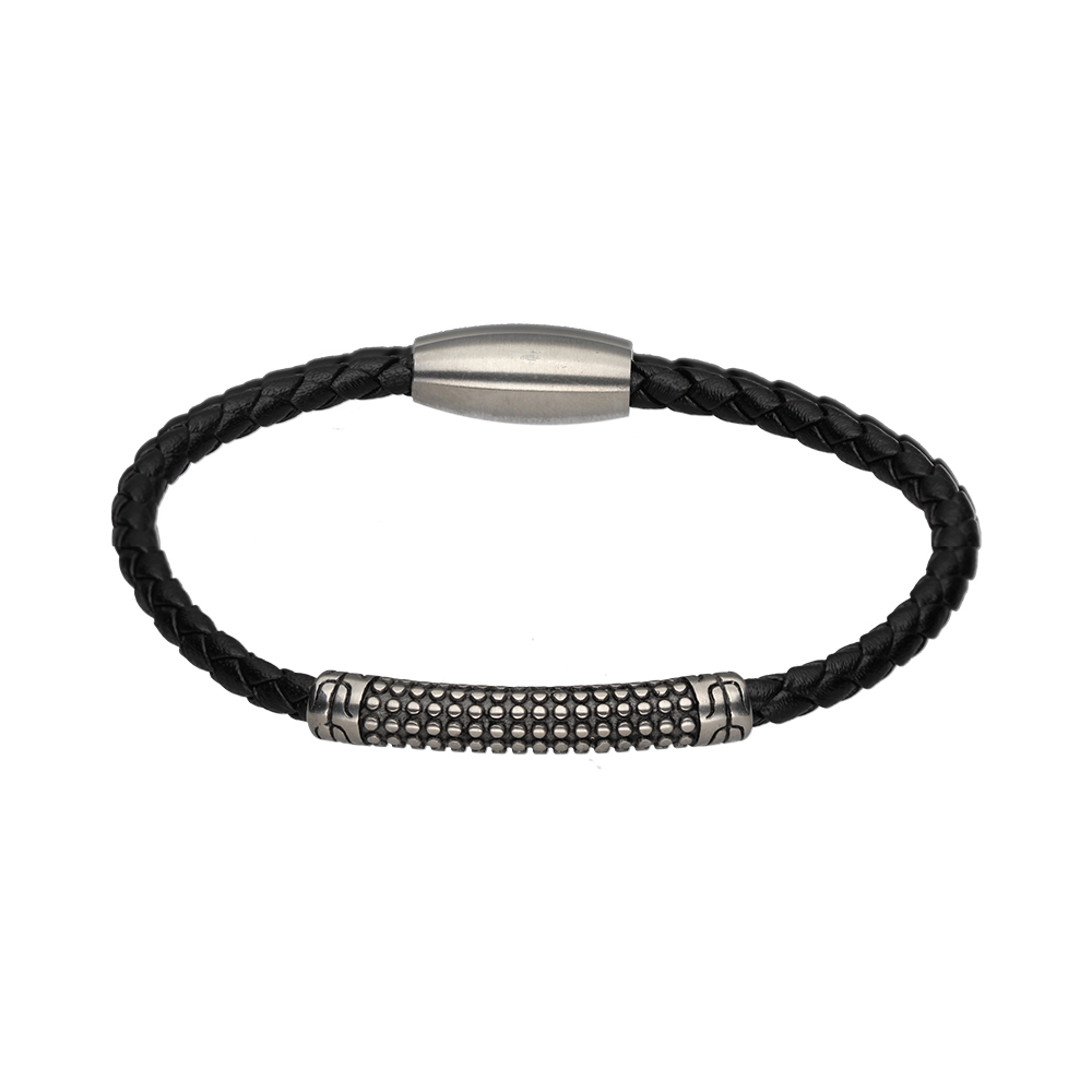 Oroafrica Stainless Steel Black Woven Leather Bracelet