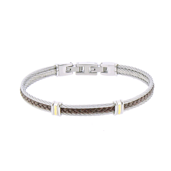 Oroafrica Stainless Steel & Brown Leather Bracelet
