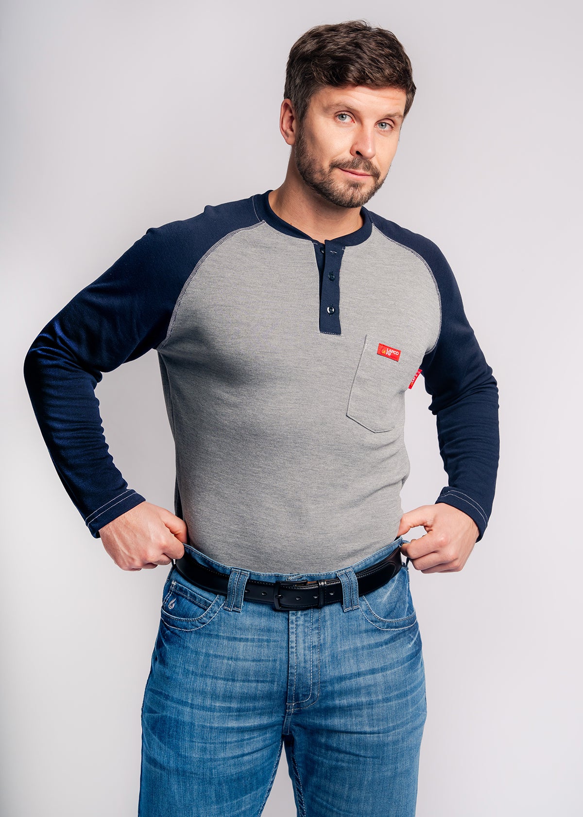 LAPCO Flame-Resistant Raglan Sleeve Henley T-Shirt – 6oz. Inherent Knit | Gray-Navy