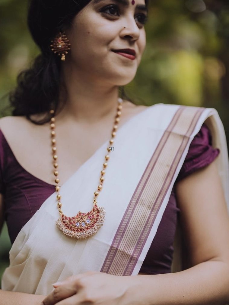 Disha Fashion Jewellery Pearl Drop Kemp Stone Gundu Mala