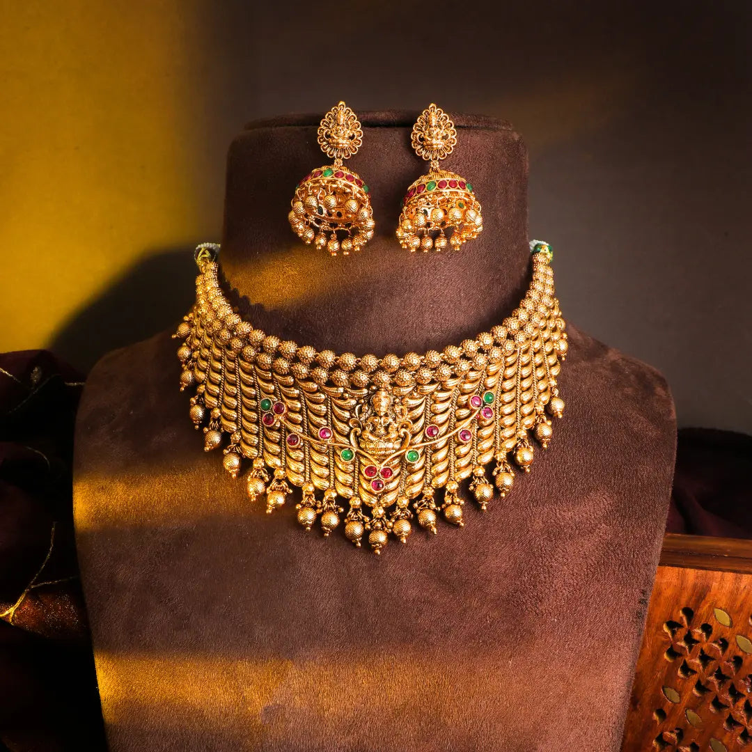 South Temple Jewellery Antique Ruby-Green Peacock Temple Choker Set N-778