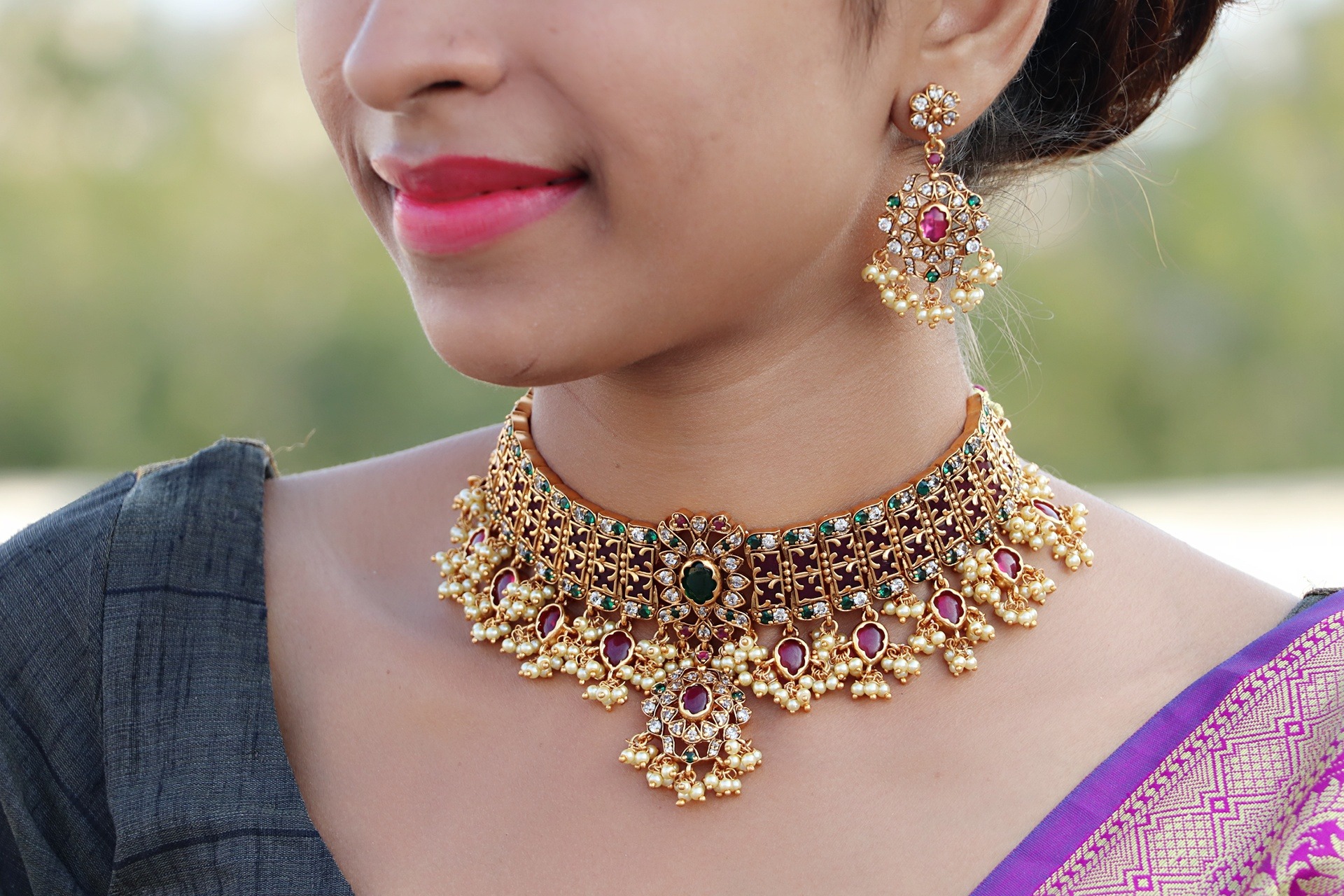 South India Jewels Ruby-Green Real Kemp Stone Choker