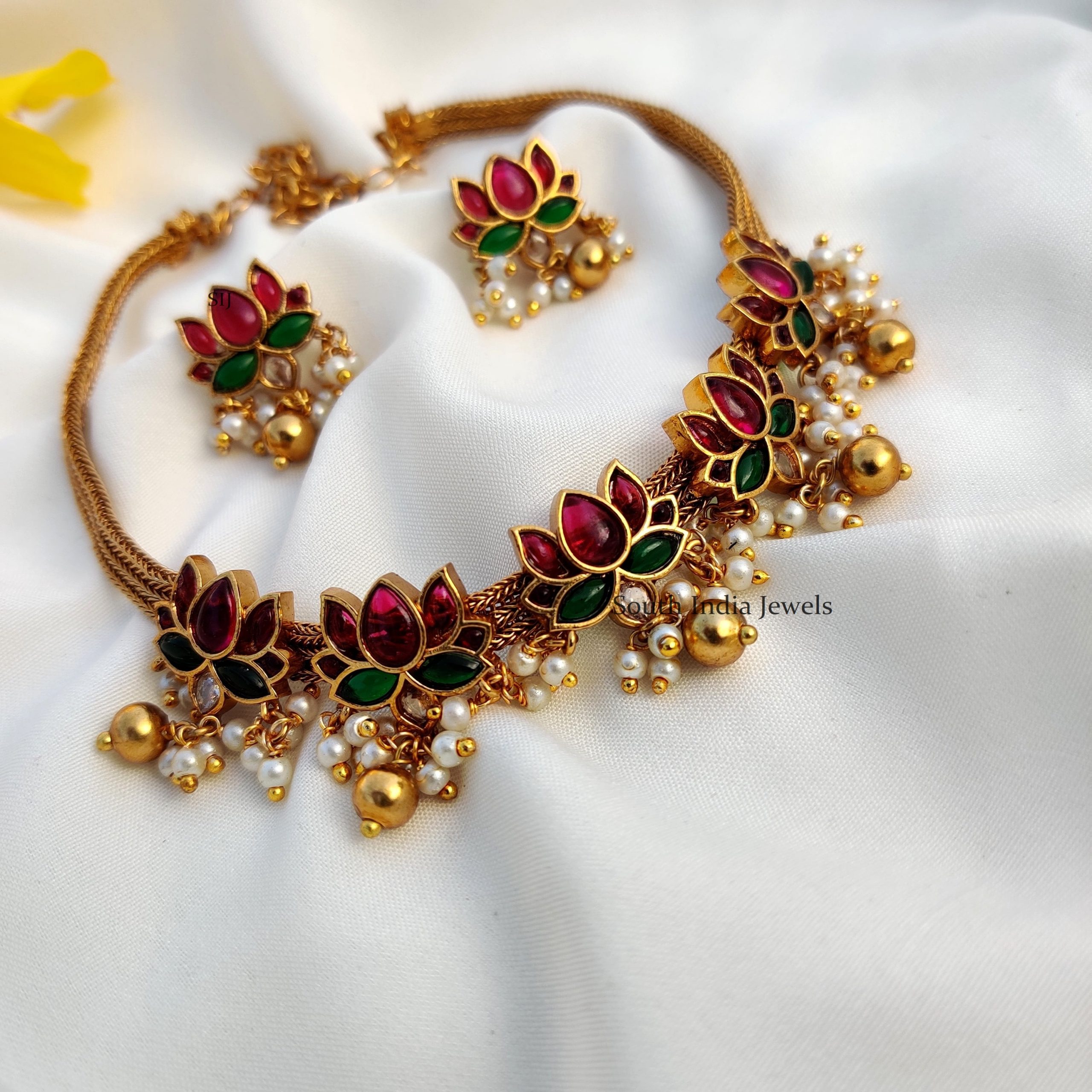 South India Jewels Pearl Drop Kemp Traditional Choker Necklace Online