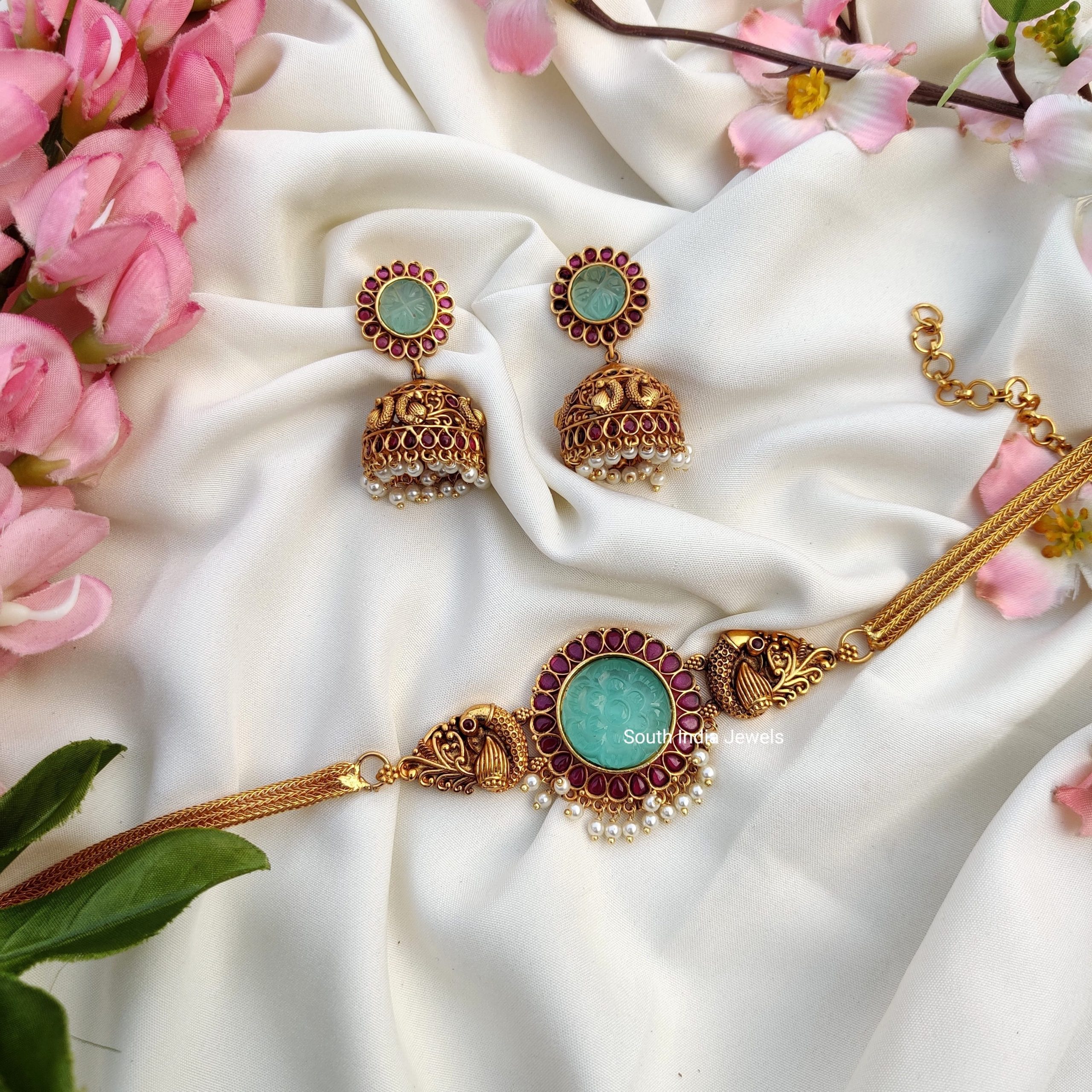 South India Jewels Dual Peacock Choker with Pearls