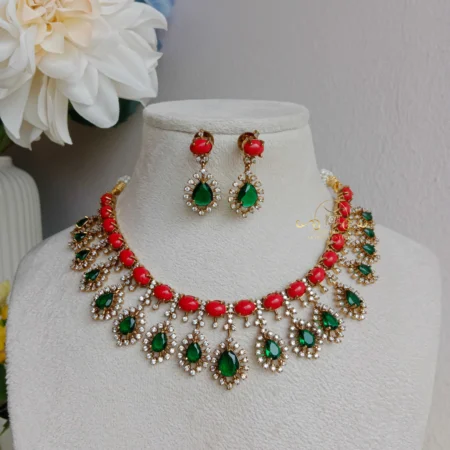 The Sparkles Studio Coral emerald Drop Neckset