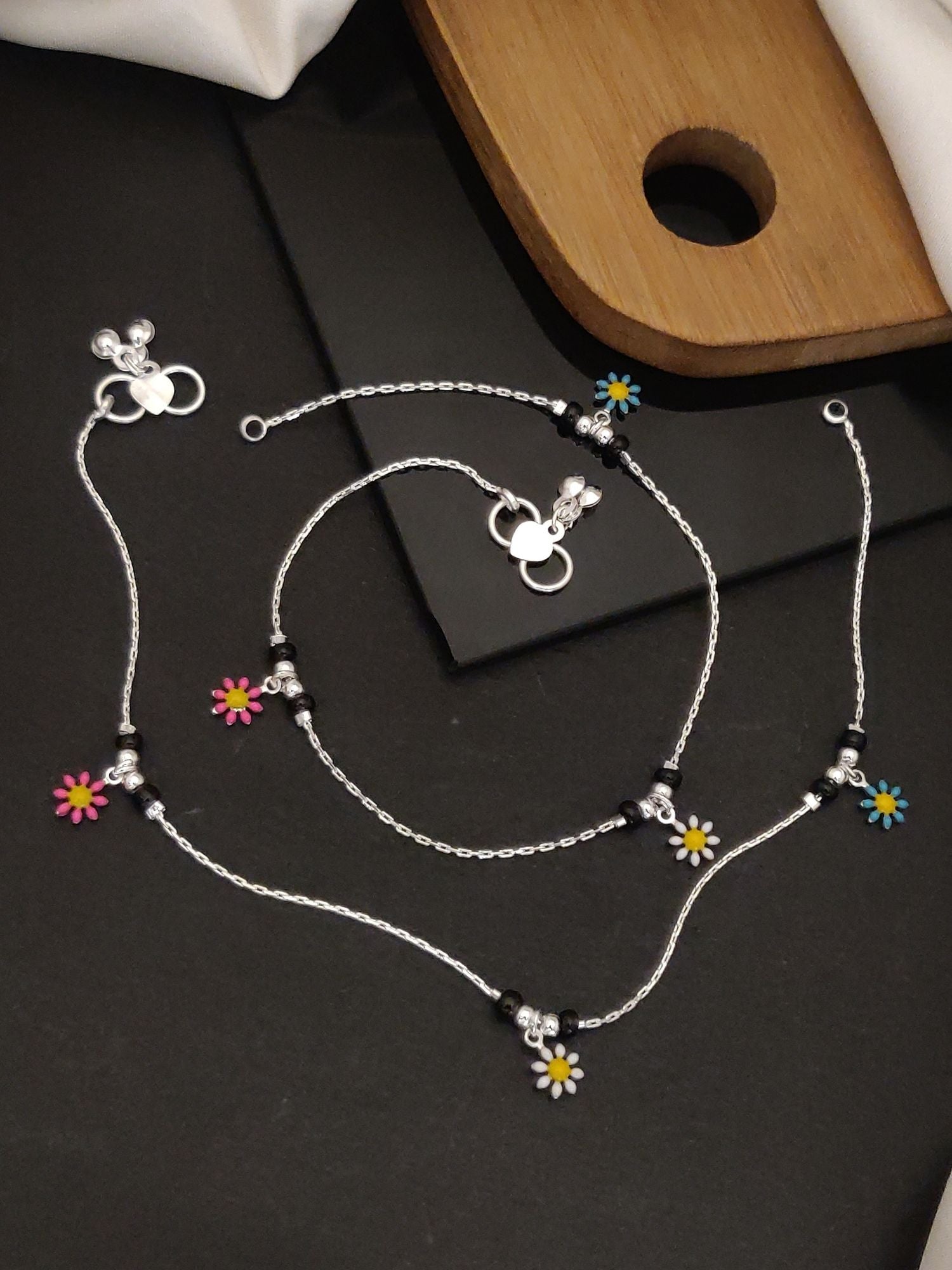Abdesignsjewellery Silver Floral Anklets Colorful Flower Charms