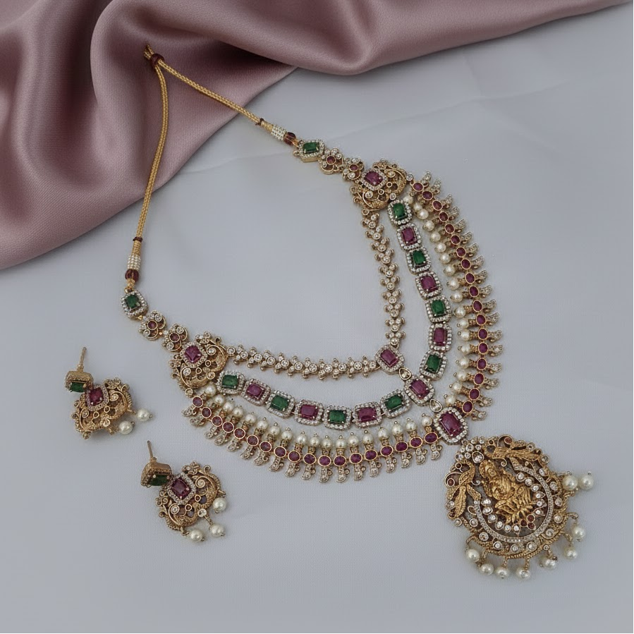 Devkriyaz Jewels 3 Layered CZ lakshmi pendant necklace