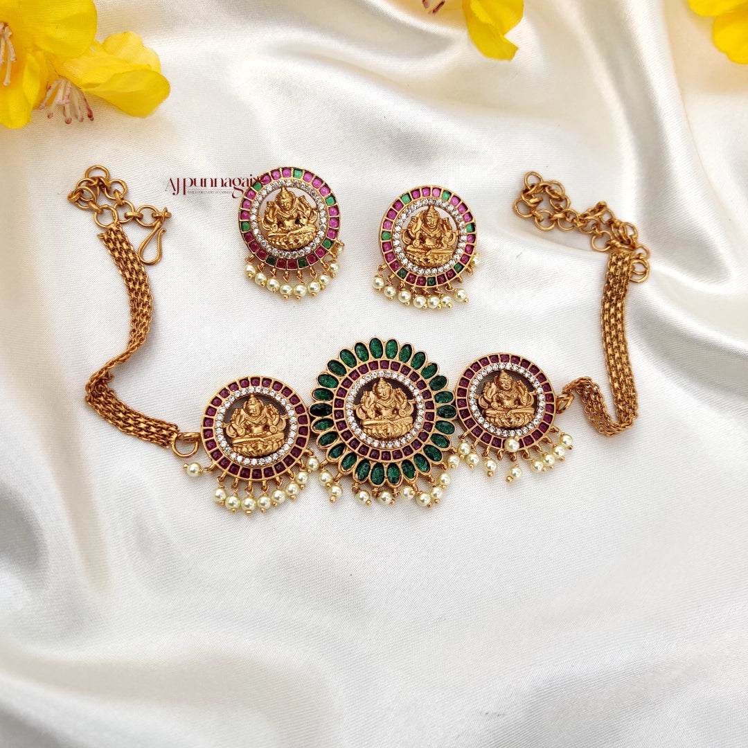 AJ Punnagai Lakshmi Choker - Green and Ruby
