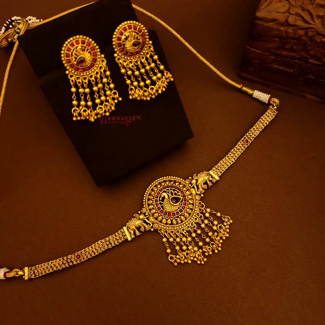 Royal Look Peacock with Elepant Motifs Choker - Ruby