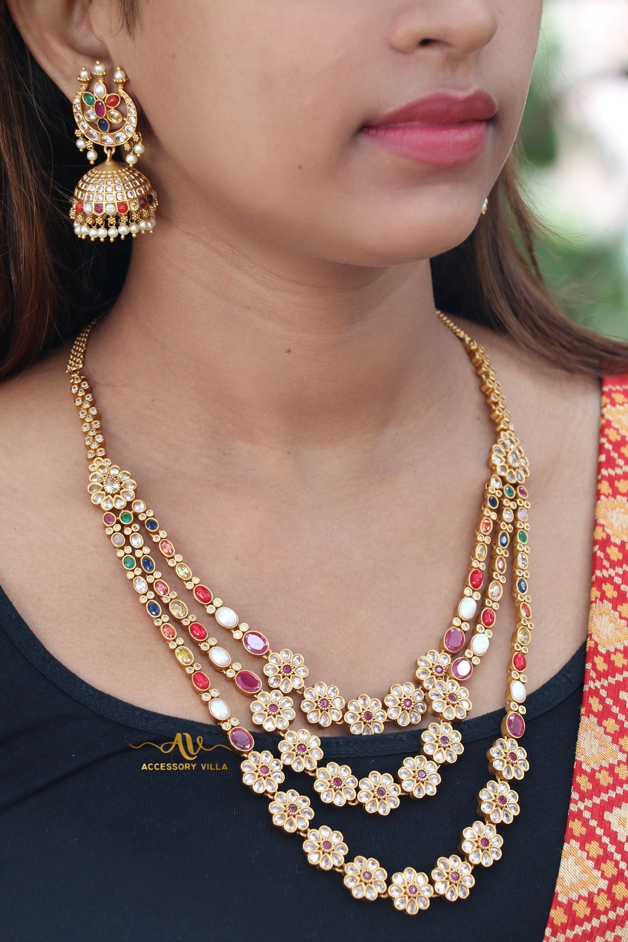 Accessory Villa 3 Layer Celebrity Stylish Long Navarathna Necklace