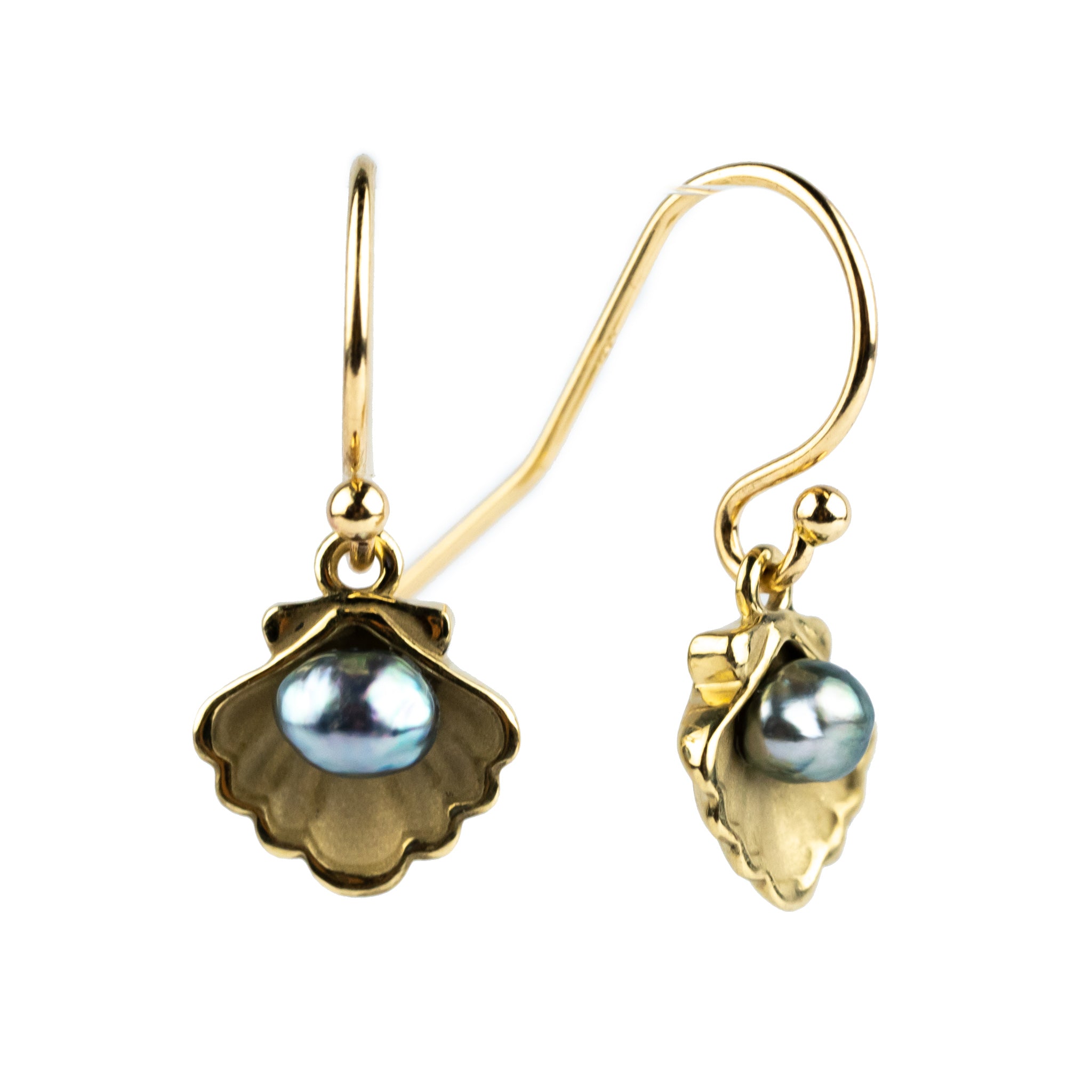 Kamoka Pearl Tahitian Keshi Pearl 14K Yellow Gold Seashell Dangle Earrings