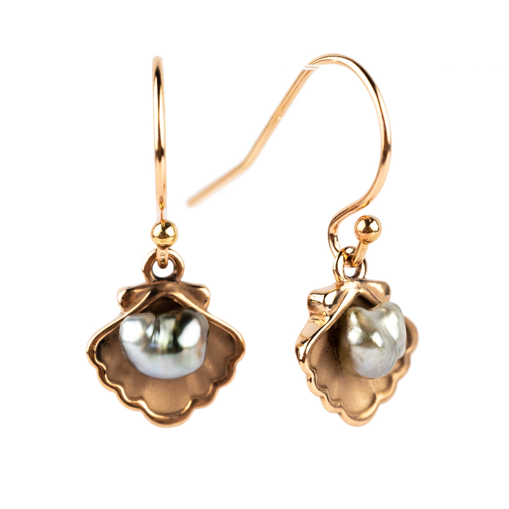 Kamoka Pearl Tahitian Keshi Pearl 14K Rose Gold Seashell Dangle Earrings