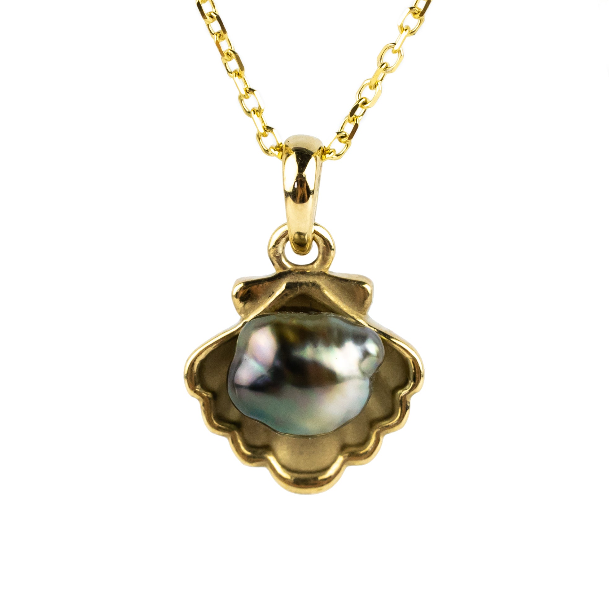 Kamoka Pearl Tahitian Keshi Pearl 14K Yellow Gold Seashell Necklace
