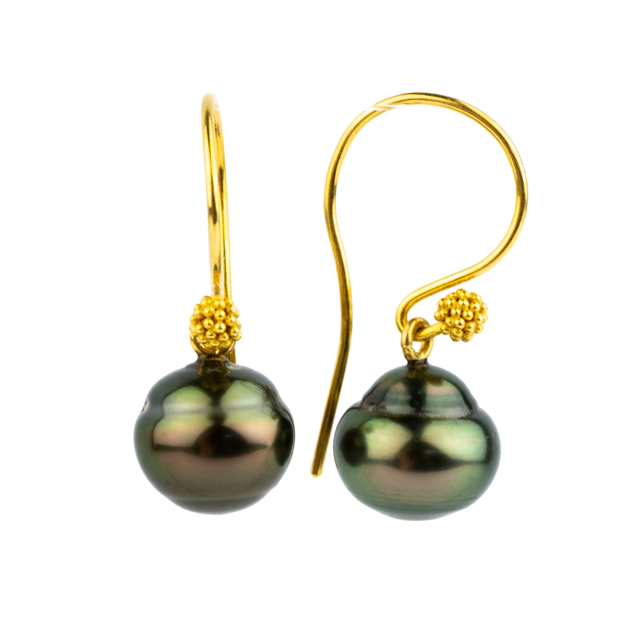 Kamoka Pearl Coppery Green Circled Tahitian Pearl Gold Vermeil Hook Earrings